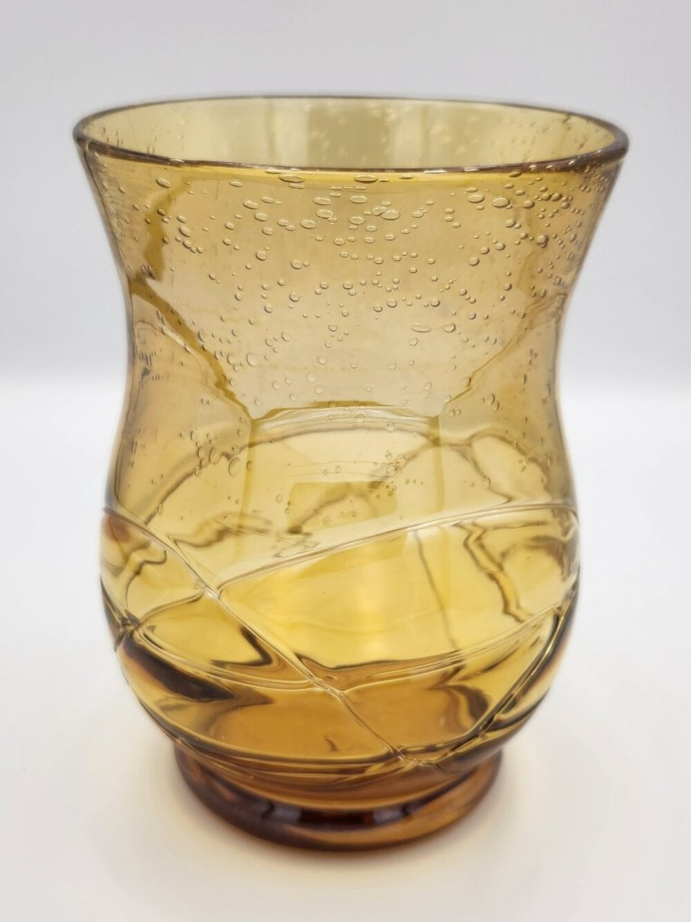 Vintage Hand Blown Amber Bubble Glass Vase - 7.5" MCM Art Glass Swirl Pattern